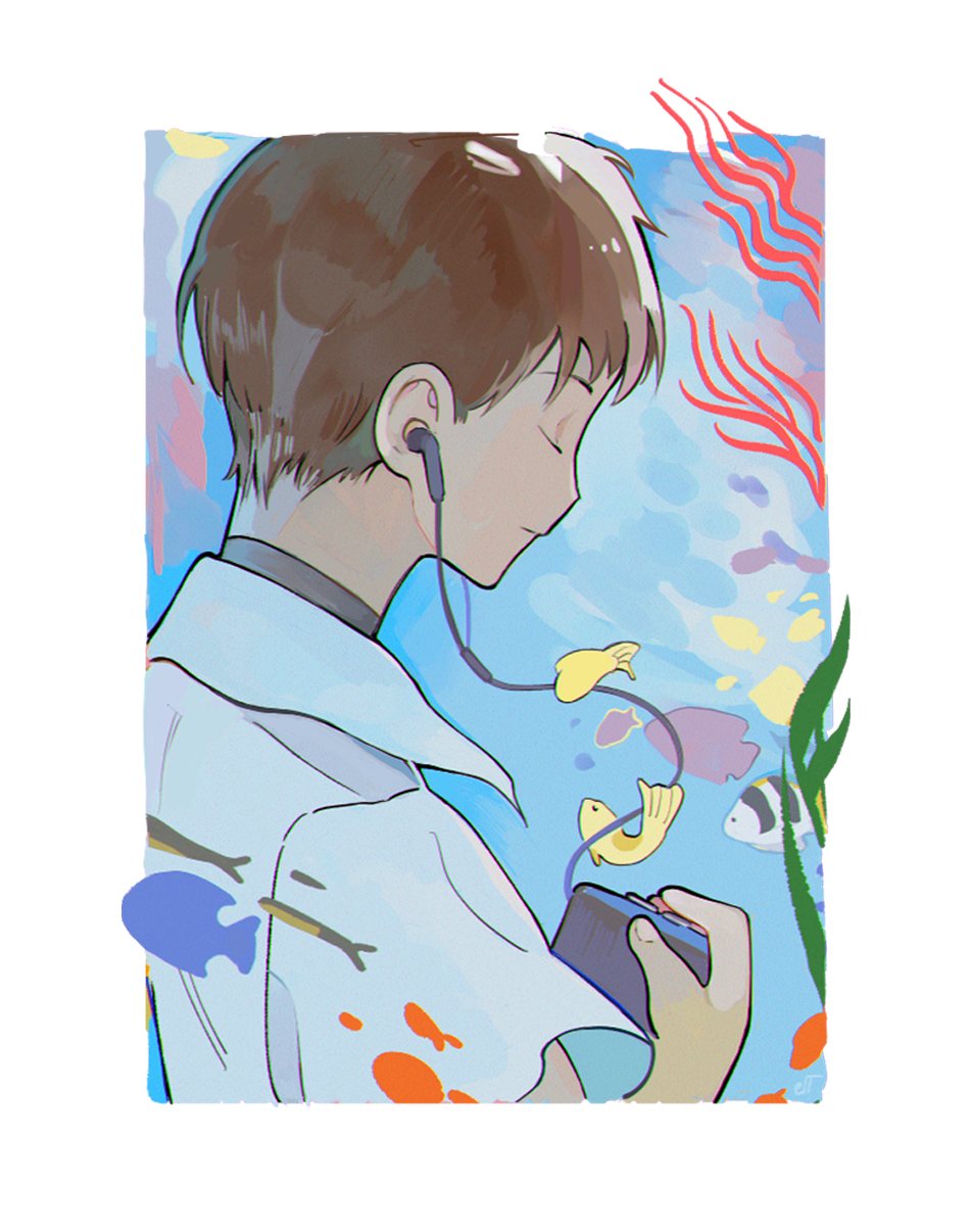 1boy, border, brown_hair, closed_eyes, closed_mouth, collared_shirt, commentary, coral