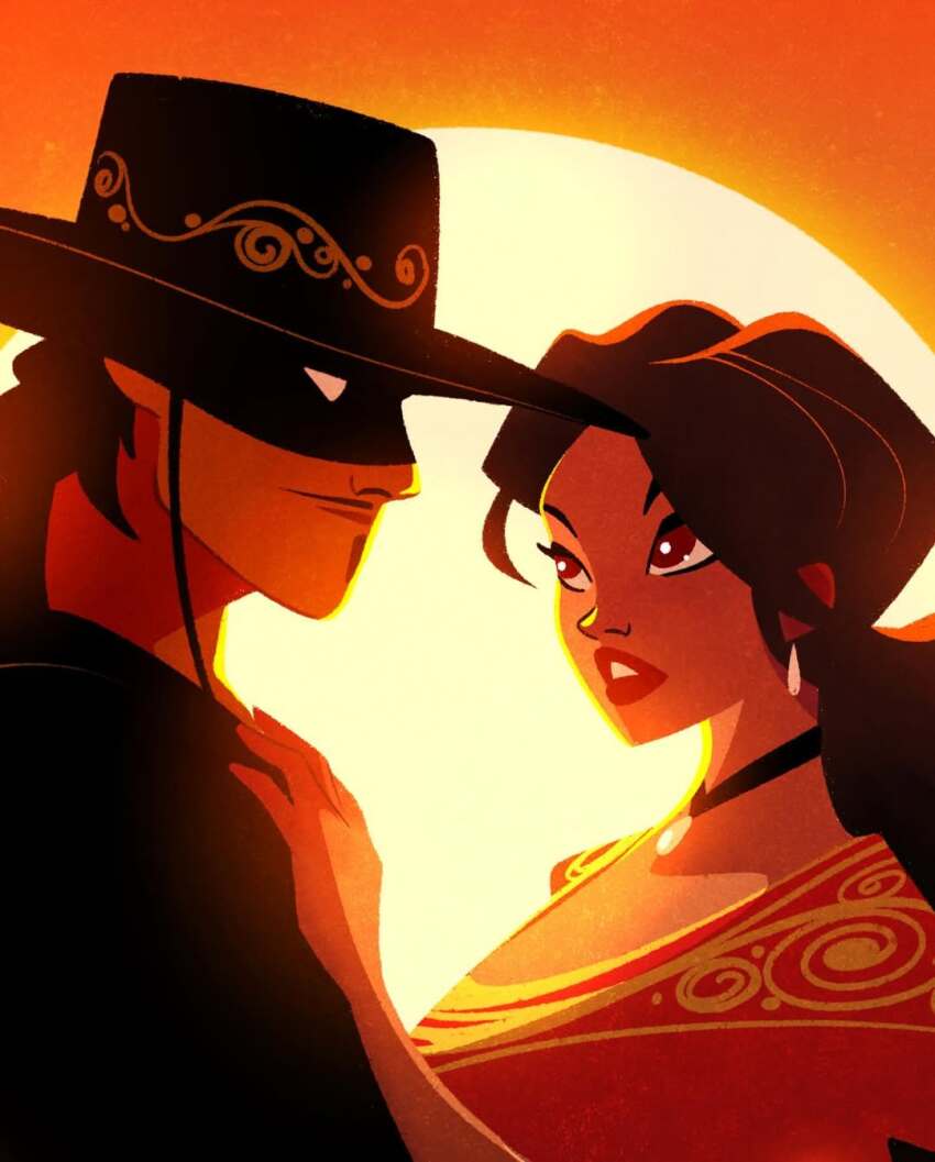 1boy, 1girl, black_hat, brown_hair, choker, commentary, elena_de_la_vega, eye_contact