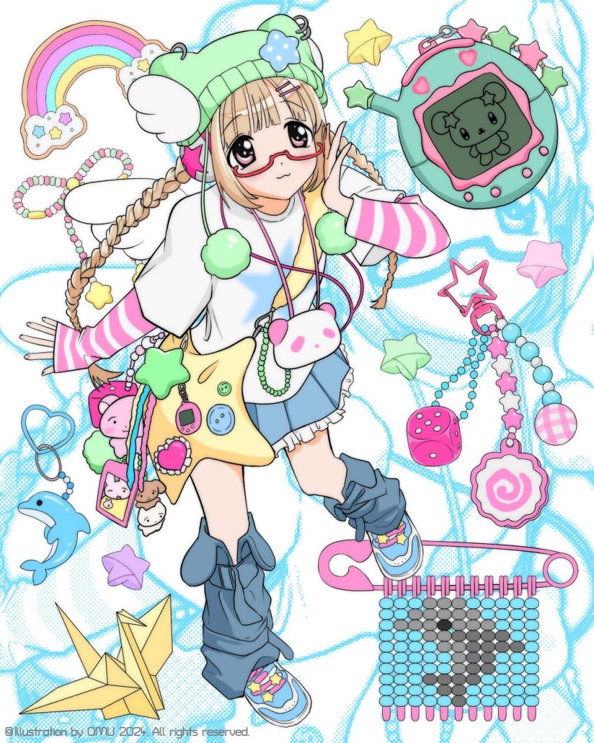 1girl, 2000s_(style), bag, bead_charm, beads, beanie, blonde_hair, blue_leg_warmers