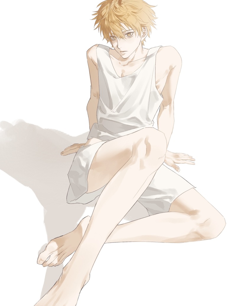 1boy, absurdres, arm_support, bare_legs, bare_shoulders, barefoot, blonde_hair, chinese_commentary, collarbone, eyelashes, feet, full_body, hair_between_eyes, highres, huang_shaotian, knee_up, looking_at_viewer, male_focus, mingqiuren, pectoral_cleavage, pectorals, quan_zhi_gao_shou, shadow, short_hair, shorts, simple_background, sitting, solo, tank_top, toes, white_background, white_shorts, white_tank_top, yellow_eyes