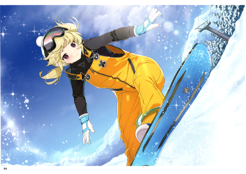 1girl, absurdres, beanie, black_shirt, blonde_hair, blue_gloves, blush, breasts