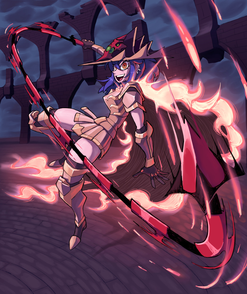 1girl, absurdres, arena, armor, armored_boots, blue_hair, boots, breastplate