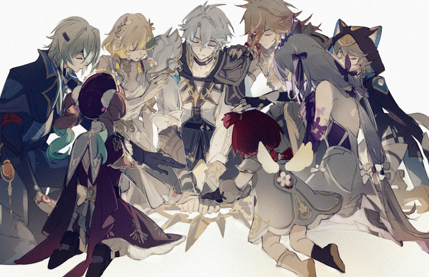 3boys, 5girls, aglaea_(honkai:_star_rail), anaxa_(honkai:_star_rail), aqua_hair, back, black_jacket, blonde_hair