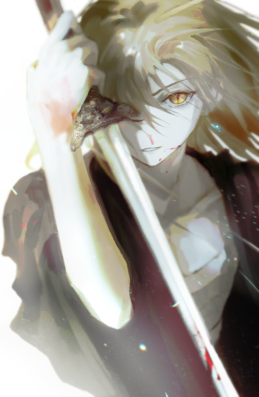1boy, absurdres, black_hanfu, blonde_hair, blood, blood_on_face, blood_on_hands, bloody_weapon, blurry, chest_sarashi, chinese_clothes, chinese_commentary, collarbone, depth_of_field, driedpersimmonisverydelicious, earrings, eyelashes, floating_hair, glint, hair_between_eyes, hand_up, hanfu, highres, holding, holding_sword, holding_weapon, huang_shaotian, huang_shaotian_(troubling_rain), injury, jewelry, jian_(weapon), light_particles, looking_at_viewer, male_focus, medium_hair, official_alternate_costume, official_alternate_hair_length, official_alternate_hairstyle, one_eye_covered, open_clothes, open_robe, parted_lips, quan_zhi_gao_shou, robe, sarashi, simple_background, single_earring, smile, solo, sword, upper_body, weapon, white_background, wind, yellow_eyes