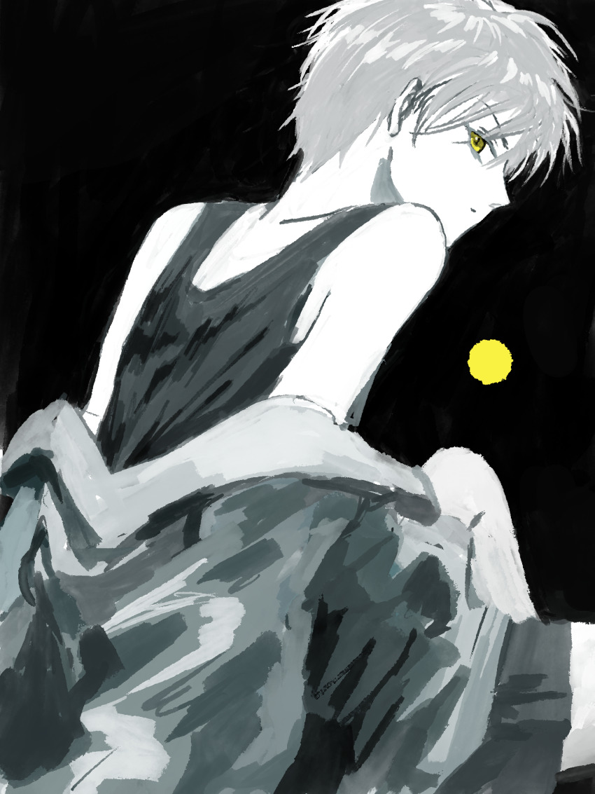 1boy, bare_shoulders, black_background, chinese_commentary, closed_mouth, driedpersimmonisverydelicious, expressionless, from_behind