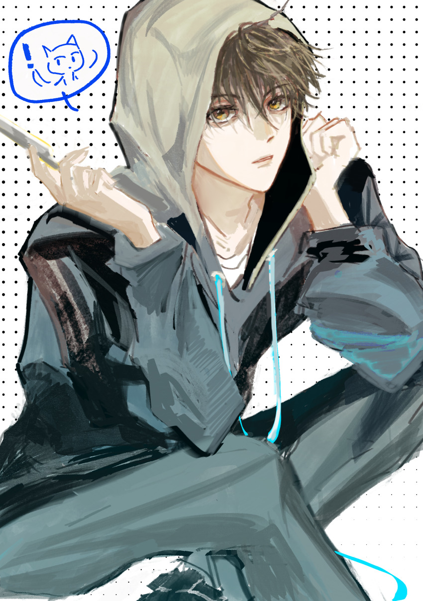 !, 1boy, absurdres, black_shoes, blue_hoodie, blue_pants, brown_hair, cellphone