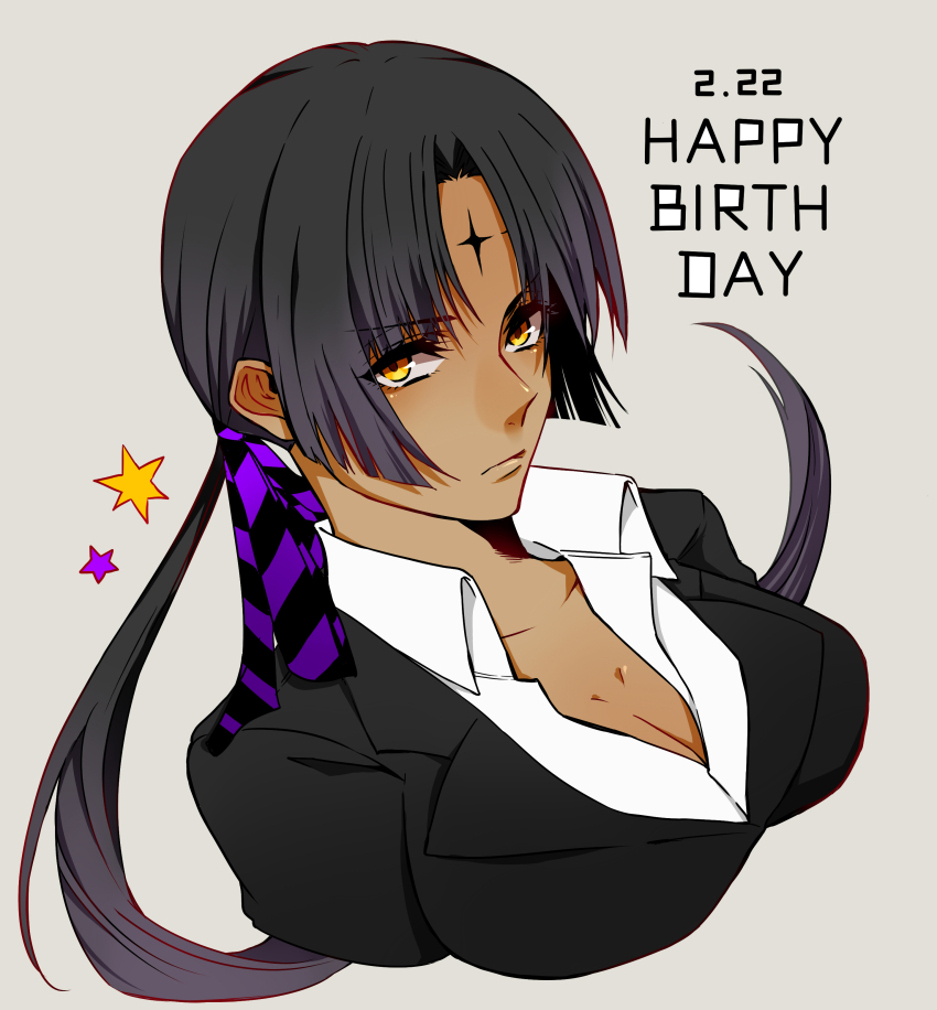 1girl, absurdres, birthday, black_hair, black_ribbon, black_suit, breasts, cleavage, collarbone, collared_shirt, d.gray-man, dark-skinned_female, dark_skin, dress_shirt, floating_hair, formal_clothes, grey_background, hair_ribbon, happy_birthday, highres, large_breasts, long_hair, looking_at_viewer, looking_to_the_side, low_ponytail, lulu_bell, mature_female, noah_(d.gray-man), orange_eyes, ponytail, purple_ribbon, purple_star, ribbon, shirt, sidelocks, simple_background, solo, star_(symbol), suit, two-tone_ribbon, white_shirt, woldwolf9, yellow_star