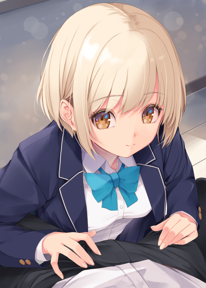 1boy, 1girl, aqua_bow, aqua_bowtie, between_legs, blazer, blonde_hair, blue_jacket