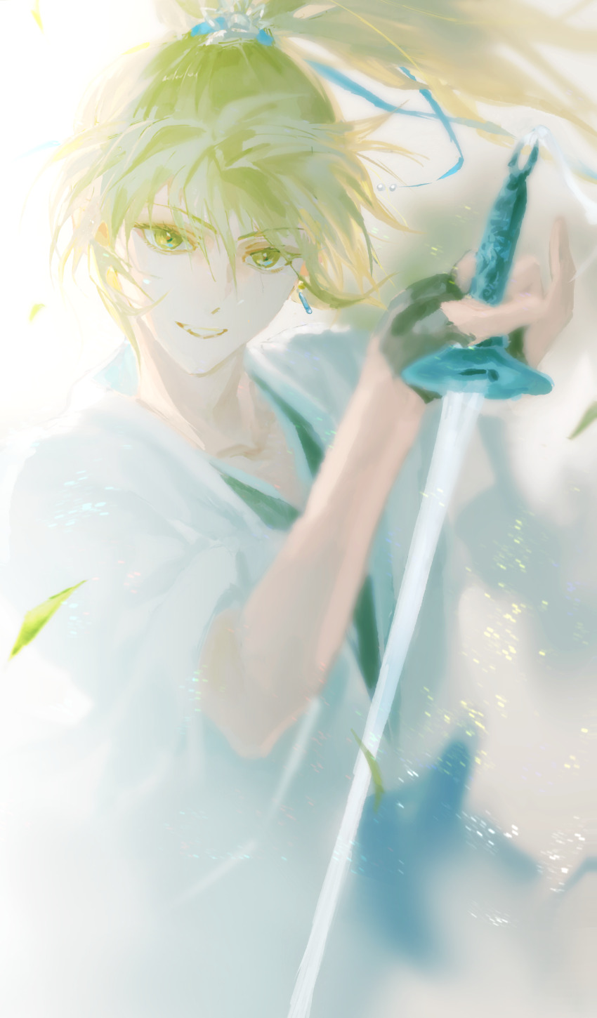 1boy, absurdres, bishounen, blonde_hair, blue_ribbon, blurry, blurry_foreground, chinese_clothes