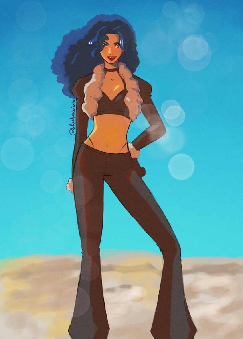 1girl, blue_hair, blue_sky, blueberriena, choker, commentary, cropped_jacket, curly_hair