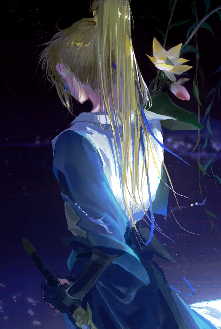 1boy, absurdres, arm_guards, black_gloves, blonde_hair, blue_hanfu, blue_ribbon, blurry