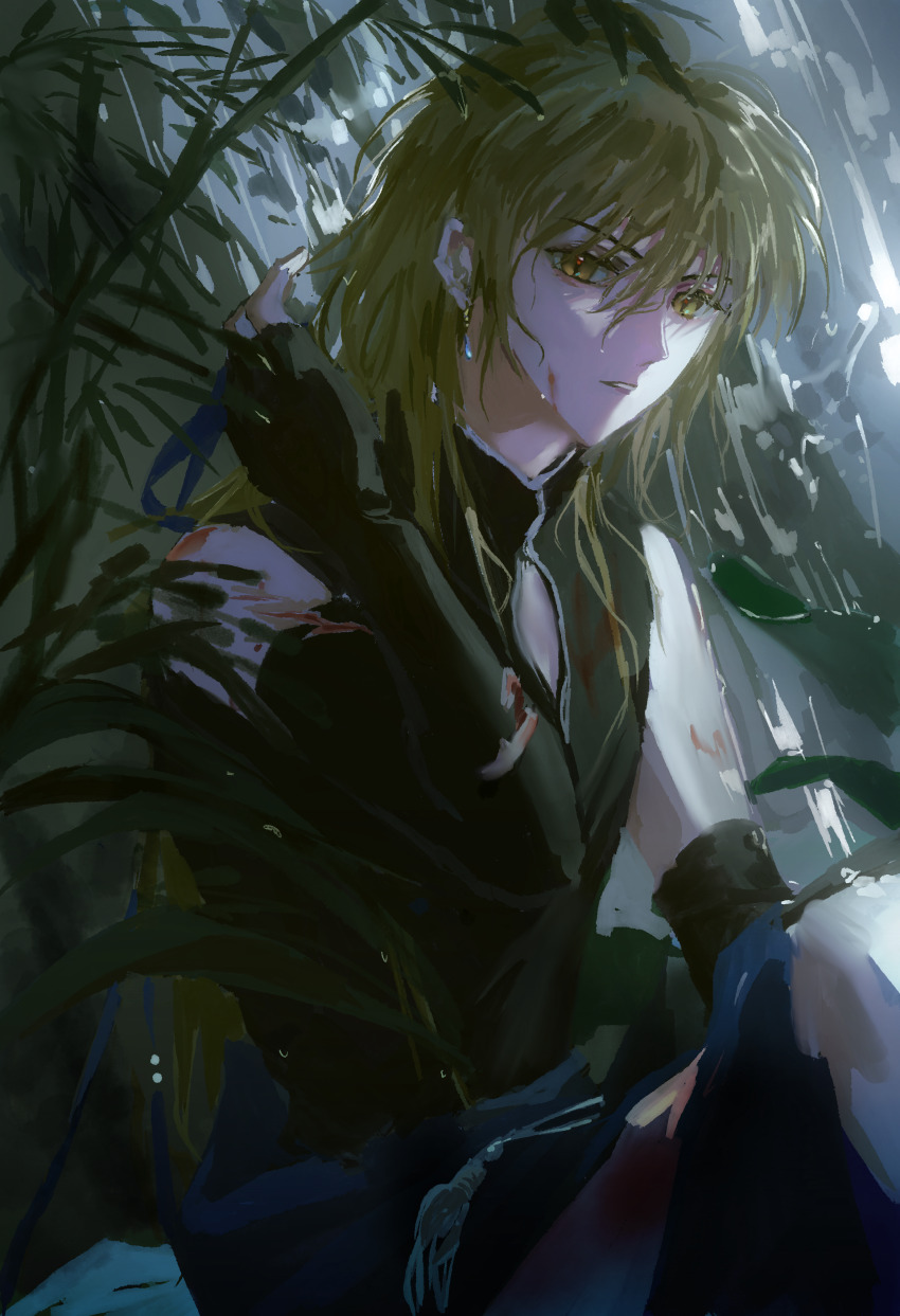 1boy, absurdres, bare_shoulders, black_gloves, black_shirt, black_shorts, blonde_hair, blood