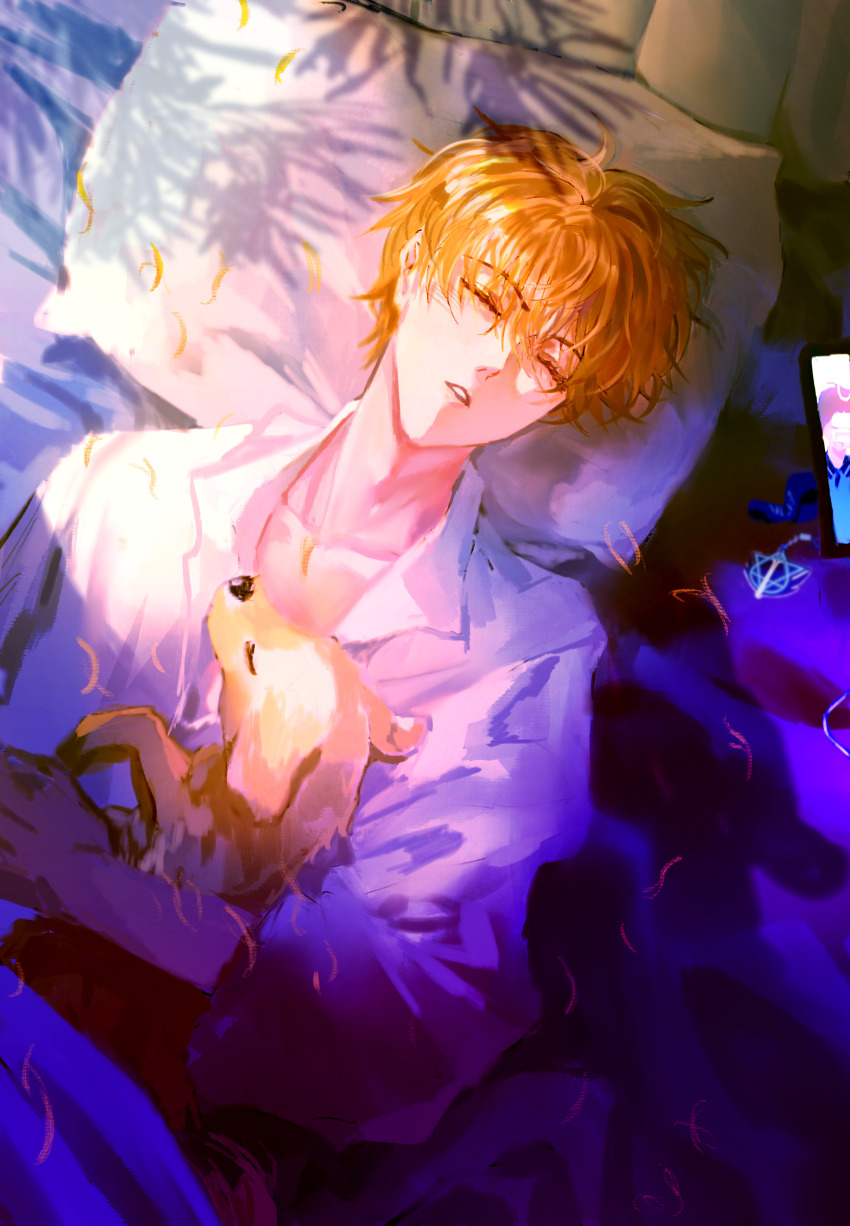 1boy, absurdres, animal, bed, blanket, blonde_hair, cellphone, chinese_commentary