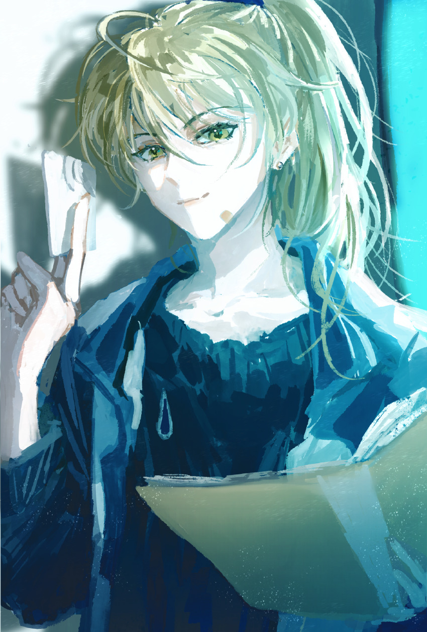 1girl, absurdres, ahoge, bandaid, bandaid_on_face, black_shirt, blonde_hair, blue_jacket