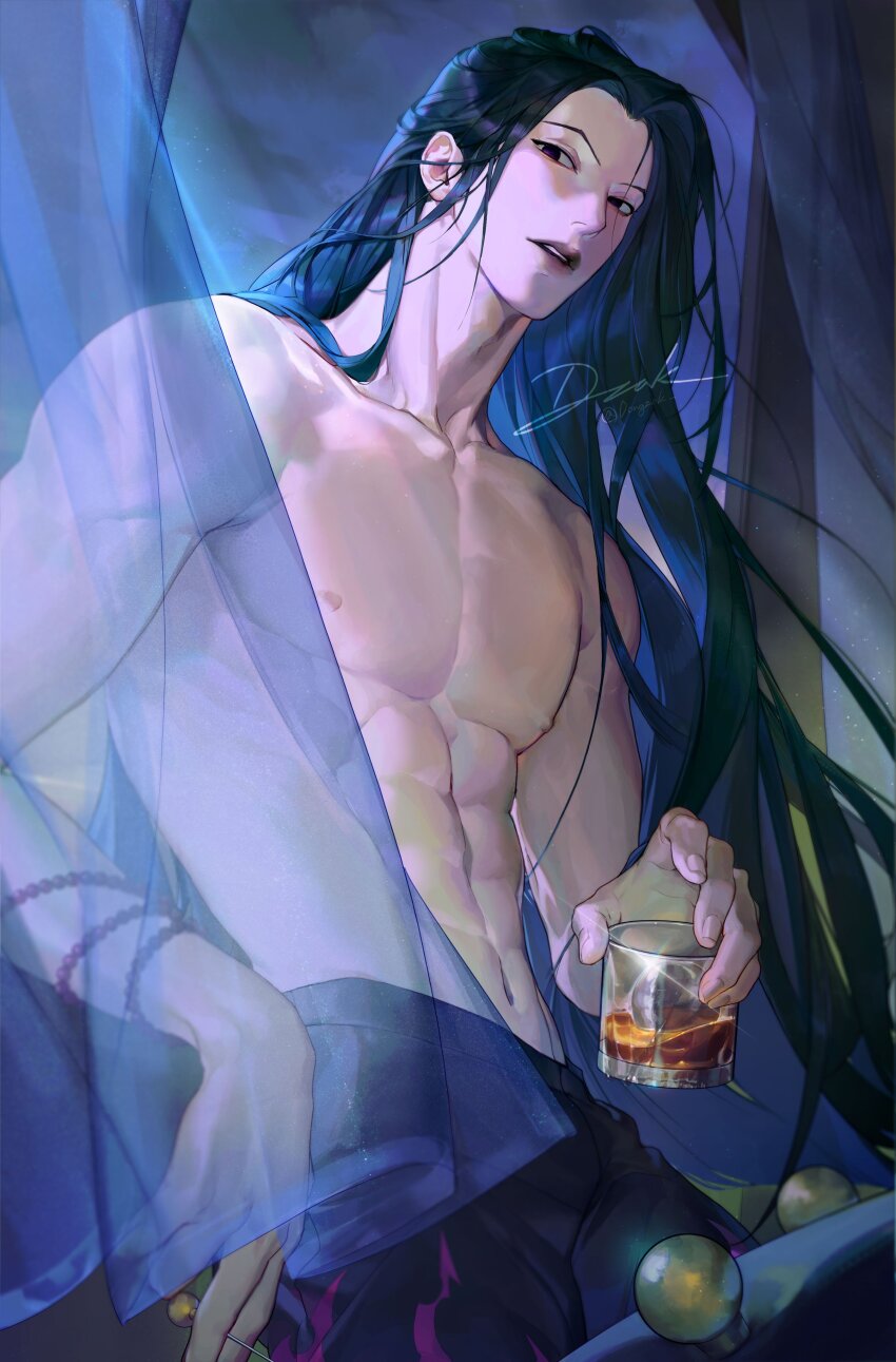 1boy, abs, absurdres, black_eyes, black_hair, cup, dongzak_o0, highres