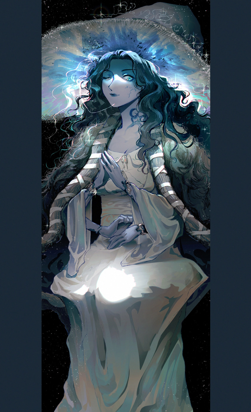 absurdres, artkurera, blue_hair, blue_skin, cape, cloak, colored_skin, cracked_skin, dark_background, doll_joints, elden_ring, extra_arms, extra_faces, fur_cape, fur_cloak, hat, highres, joints, large_hat, own_hands_together, ranni_the_witch, sitting, smile, witch, witch_hat