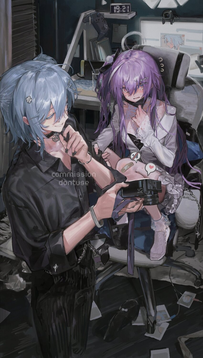 2girls, bandaid, bandaid_on_knee, bandaid_on_leg, black_choker, black_mask, black_pants, black_shirt