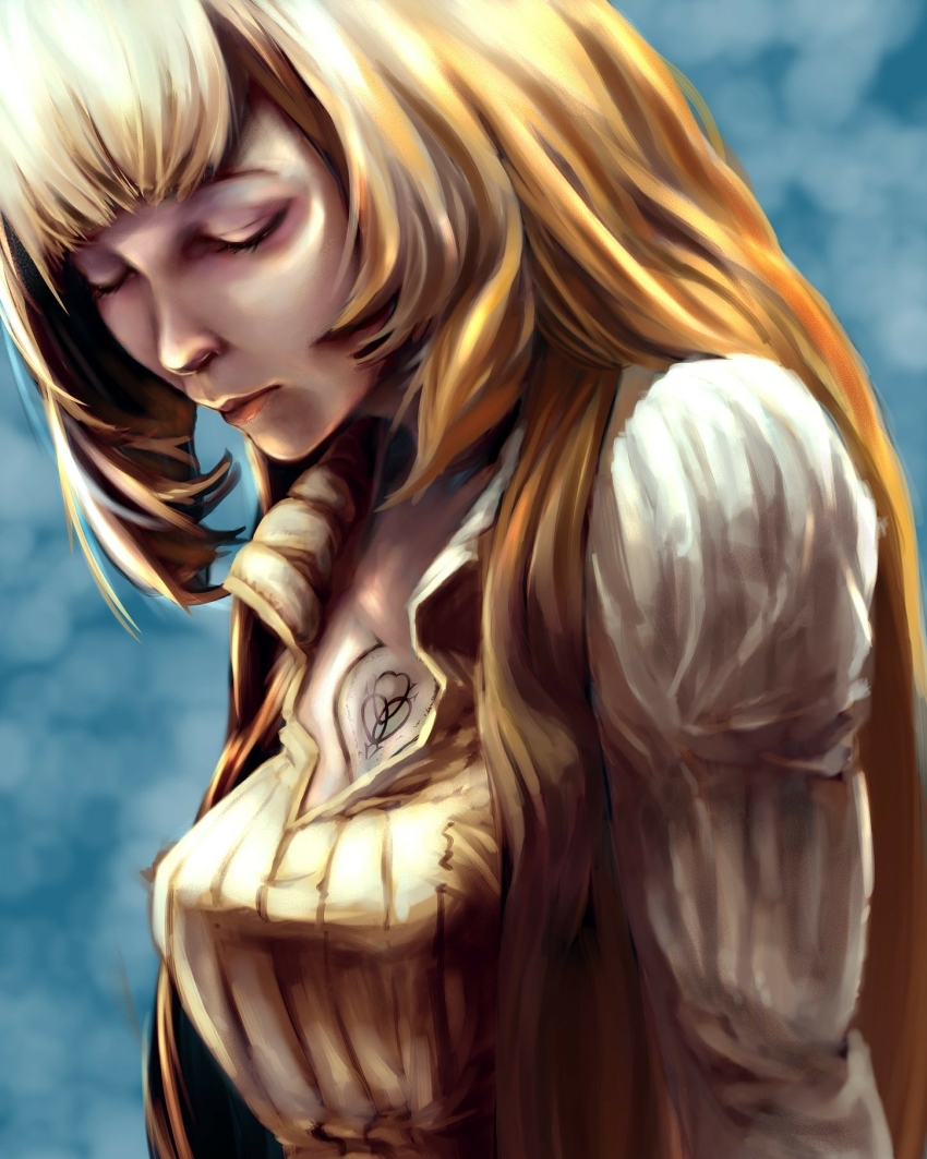 1girl, abstract_background, blue_background, blunt_bangs, breasts, brown_hair, chest_tattoo, closed_eyes, closed_mouth, collared_dress, commentary, dress, eyelashes, high_collar, highres, impasto, lips, long_hair, long_sleeves, medium_breasts, raphtalia, slave_brand, solo, striped_clothes, striped_dress, tate_no_yuusha_no_nariagari, tattoo, upper_body, user_cknh2285, vertical-striped_clothes, vertical-striped_dress, white_dress