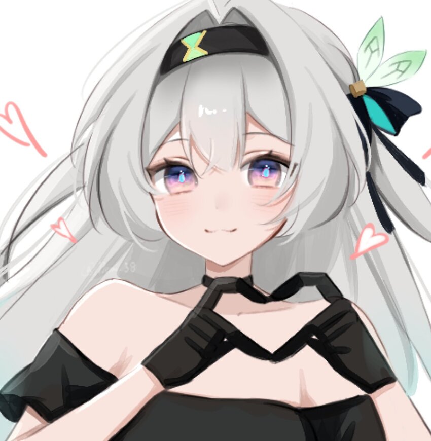 1girl, :3, black_choker, black_gloves, black_hairband, black_ribbon, black_shirt, choker