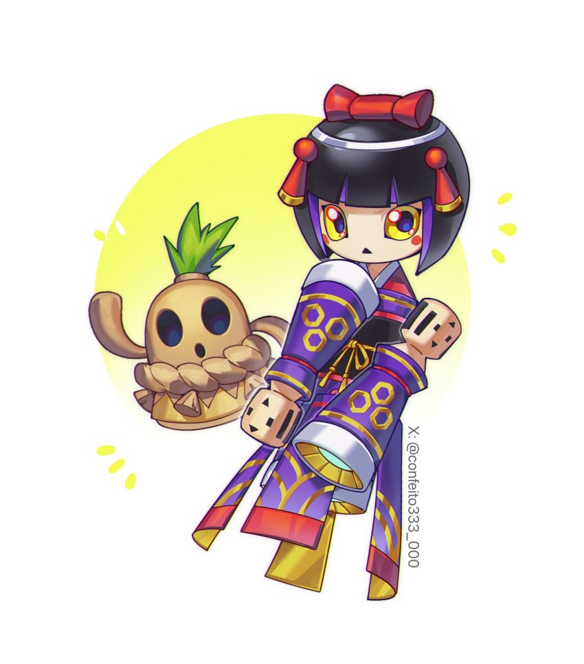 1girl, black_hair, commentary_request, confeito000_333, detached_arm, digimon, digimon_(creature), evolutionary_line, hanimon, haniwa_(statue), highres, japanese_clothes, kimono, kokeshi, kokeshimon, purple_kimono, simple_background, thrusters, white_background, yellow_eyes