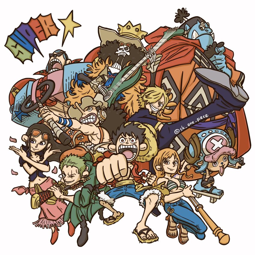 2girls, 6+boys, afro, antlers, bikini, bikini_top_only, black_hair, blonde_hair, blue_hair, blue_skin, brook_(one_piece), cigarette, clenched_teeth, colored_skin, commentary, cropped_jacket, cross, crown, denim, earrings, eyewear_on_head, facial_hair, feather_boa, formal_clothes, franky_(one_piece), full_body, geta, goatee, green_hair, green_kimono, guitar, hair_over_one_eye, high_heels, highres, holding, holding_guitar, holding_instrument, holding_sword, holding_weapon, horns, instrument, jacket, japanese_clothes, jeans, jewelry, jinbe_(one_piece), kimono, leg_up, long_hair, long_nose, looking_to_the_side, monkey_d._luffy, multiple_boys, multiple_girls, mustache, nami_(one_piece), nami_(one_piece)_(return_to_sabaody), nico_robin, nico_robin_(return_to_sabaody), one_piece, orange-tinted_eyewear, orange_hair, orange_kimono, pants, pink_sarong, purple_sash, reindeer_antlers, roronoa_zoro, sandals, sanji_(one_piece), sarong, sash, short-sleeved_jacket, short_hair, short_sleeves, sidelocks, simple_background, sk_one_piece, skeleton, straw_hat_pirates, suit, sunglasses, swimsuit, sword, teeth, tinted_eyewear, tony_tony_chopper, usopp, weapon, white_background, yellow_sash