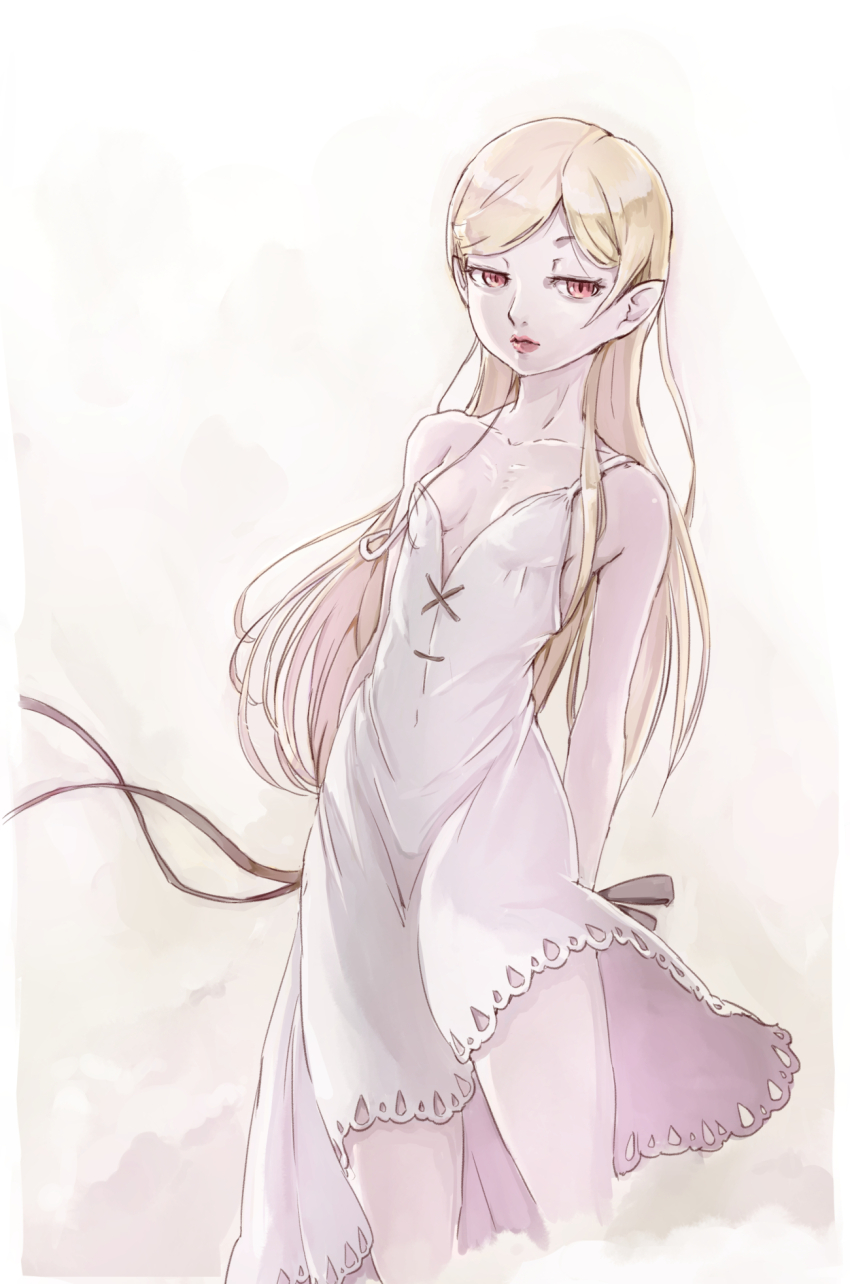 1girl, bakemonogatari, bare_shoulders, blonde_hair, breasts, commentary_request, dress, expressionless