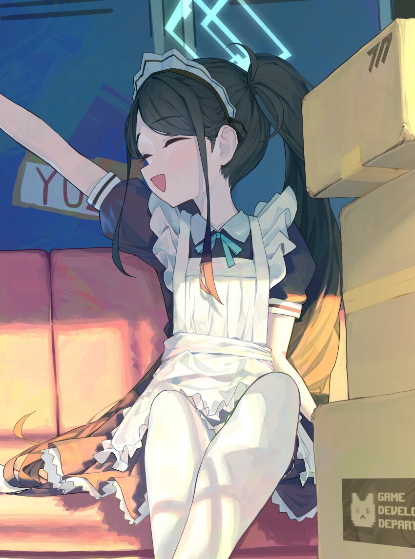 1girl, :d, absurdres, apron, aqua_halo, aris_(blue_archive), aris_(maid)_(blue_archive), arm_up