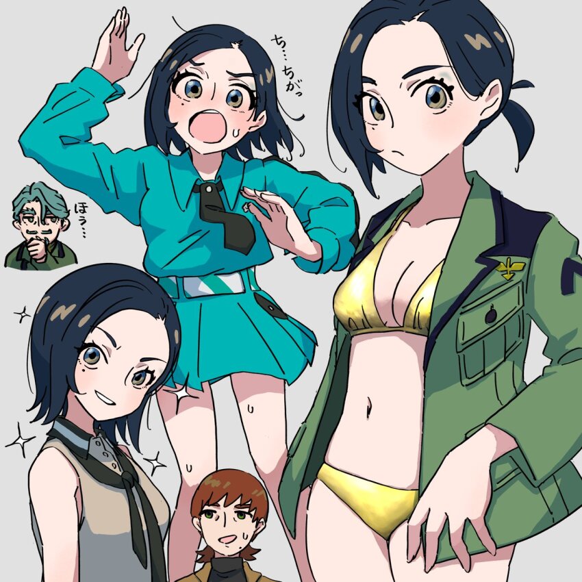 1girl, 2boys, alternate_hairstyle, aqua_hair, aqua_shirt, aqua_skirt, bikini, black_eyes