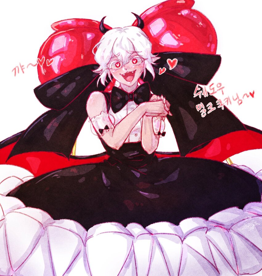 1girl, black_bow, black_bowtie, black_dress, bow, bowtie, candy_apple, candy_apple_cookie, candy_apple_hair_ornament, cookie_run, cookie_run:_kingdom, dress, food, highres, humanization, looking_at_viewer, open_mouth, pa_ng_hovkf9, puffy_sleeves, red_eyes, short_hair, simple_background, smile, white_hair