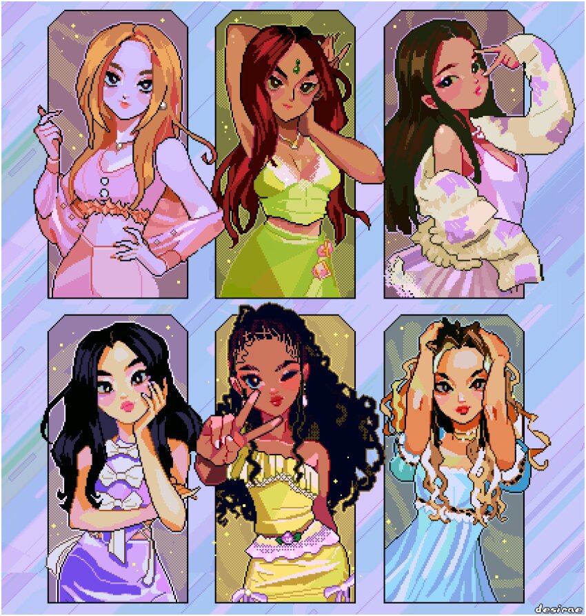 6+girls, arms_up, artist_name, bindi, black_hair, blonde_hair, blue_dress, blush, border, bow, braid, brown_hair, camisole, choker, color_coordination, commentary, daniela_(katseye), dez, dress, earrings, english_commentary, finger_heart, green_shirt, hand_on_own_face, highres, jewelry, k-pop, katseye, lara_(katseye), light_smile, long_sleeves, manon_(katseye), megan_(katseye), multiple_girls, necklace, one_eye_closed, orange_hair, pixel_art, real_life, red_hair, shirt, single_bare_shoulder, skirt, sleeveless, sophia_(katseye), v, yoonchae_(katseye)