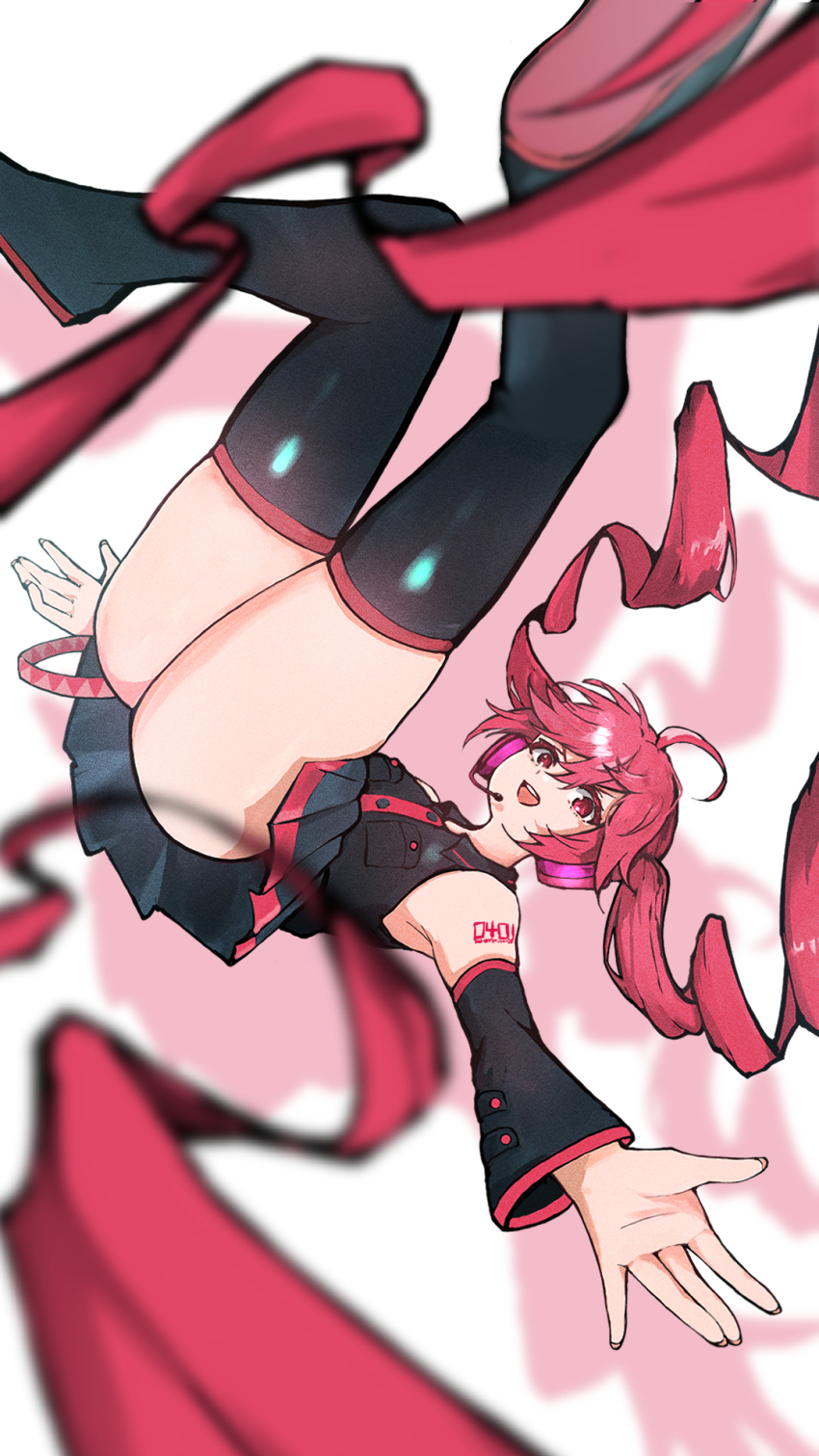 1girl, absurdly_long_hair, ahoge, alternate_hairstyle, black_boots, black_skirt, black_sleeves, black_thighhighs