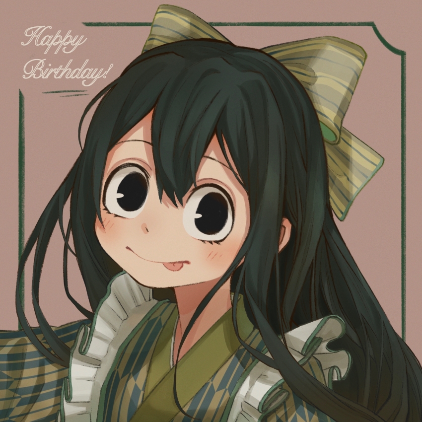 1girl, amd_aoneko, asui_tsuyu, black_eyes, blush, boku_no_hero_academia, bow, closed_mouth, commentary_request, double-parted_bangs, frilled_kimono, frills, frog_girl, green_bow, green_hair, green_kimono, hair_between_eyes, hair_bow, happy_birthday, highres, japanese_clothes, kimono, long_hair, looking_at_viewer, portrait, smile, solo, tongue, tongue_out