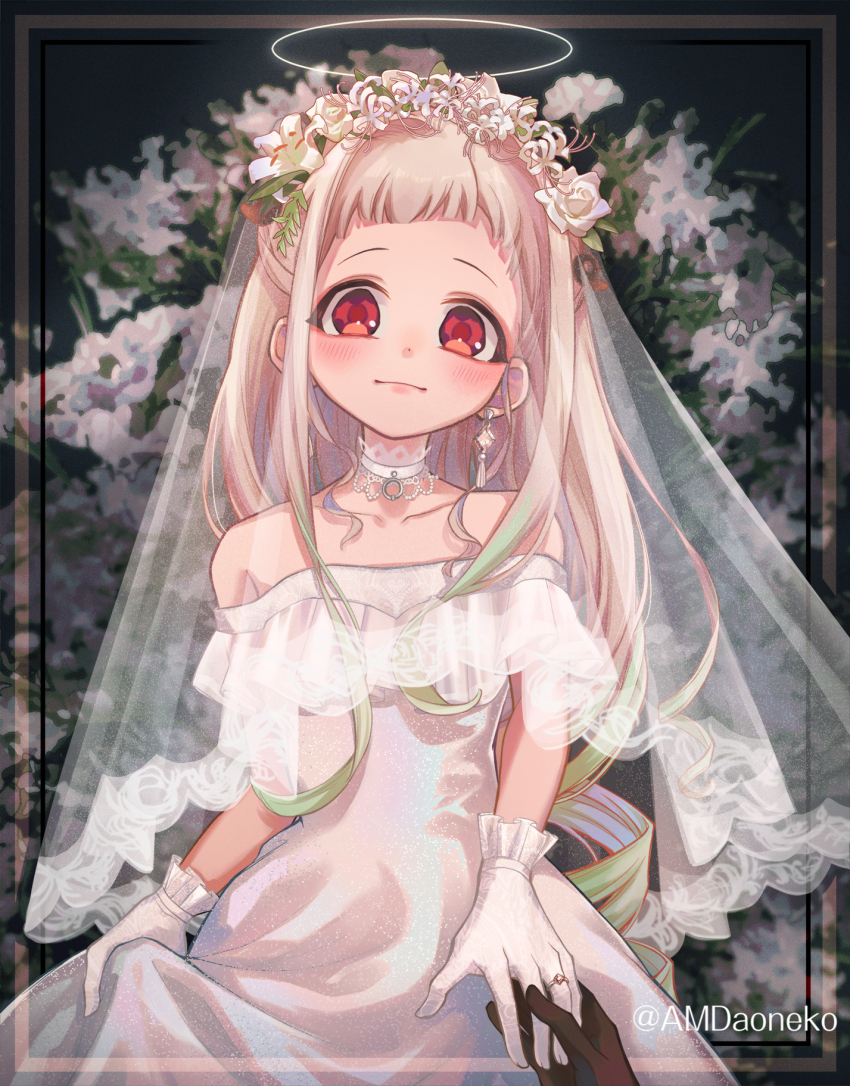 1girl, 1other, amd_aoneko, artist_name, bare_shoulders, black_gloves, blush, bridal_veil, bride, choker, closed_mouth, collarbone, commentary_request, dress, earrings, flower, flower_hairband, frilled_choker, frilled_gloves, frills, gloves, gradient_hair, green_hair, hair_ornament, halo, highres, holding_own_dress, inset_border, jewelry, jibaku_shounen_hanako-kun, long_hair, looking_at_viewer, multicolored_hair, pov, red_eyes, ring, see-through_clothes, see-through_veil, short_bangs, strapless, strapless_dress, veil, very_long_hair, white_choker, white_dress, white_flower, white_gloves, white_hair, yashiro_nene