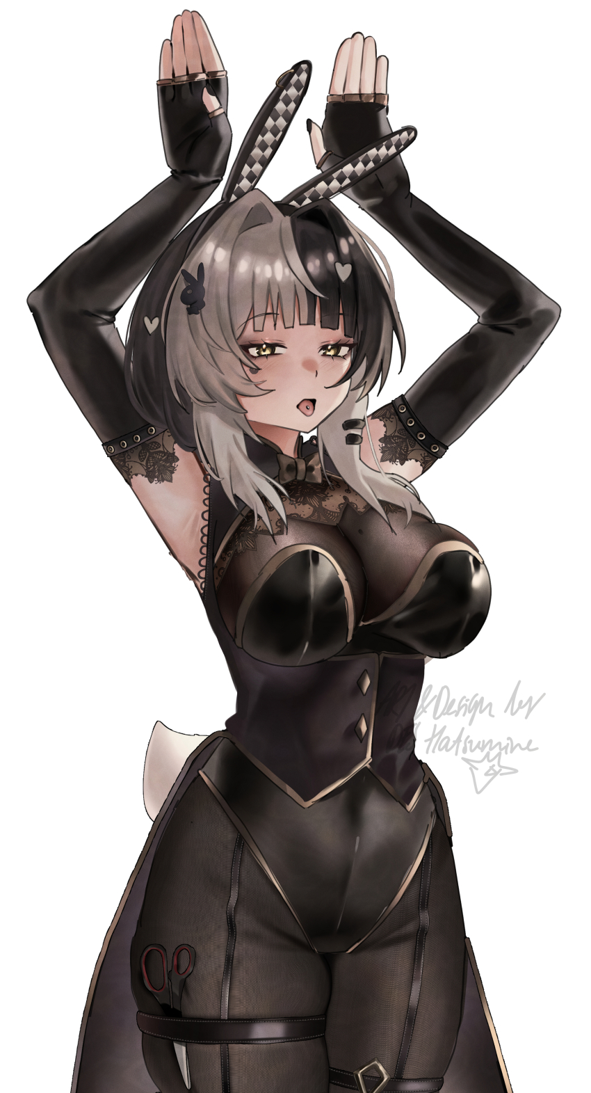 1girl, absurdres, alternate_costume, animal_ears, black_bow, black_bowtie, black_corset, black_gloves