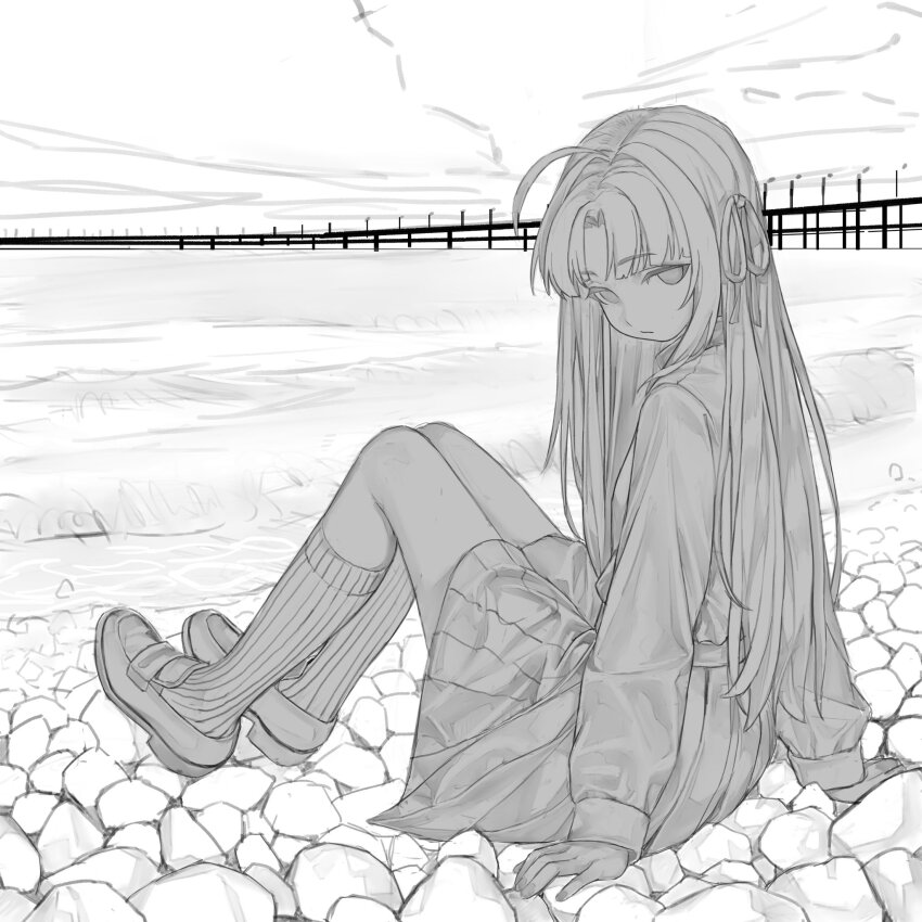 1girl, ahoge, awa_subaru, beach, black_hair, bridge, brown_shoes, closed_mouth