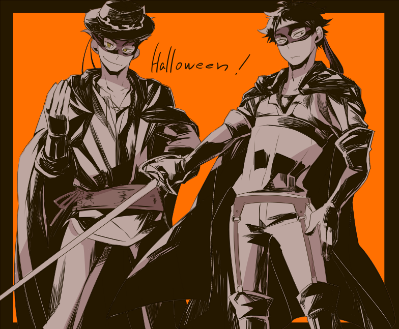 2boys, akaashi_keiji, black_border, bokuto_koutarou, boots, border, cape, commentary_request, cosplay, eye_mask, garter_straps, gloves, greyscale_with_colored_background, haikyuu!!, halloween, hand_on_own_hip, hat, holding, holding_sword, holding_weapon, kzkr_hk, male_focus, mask, multiple_boys, orange_background, short_hair, simple_background, smile, sword, the_mask_of_zorro, weapon, zorro, zorro_(character), zorro_(character)_(cosplay)