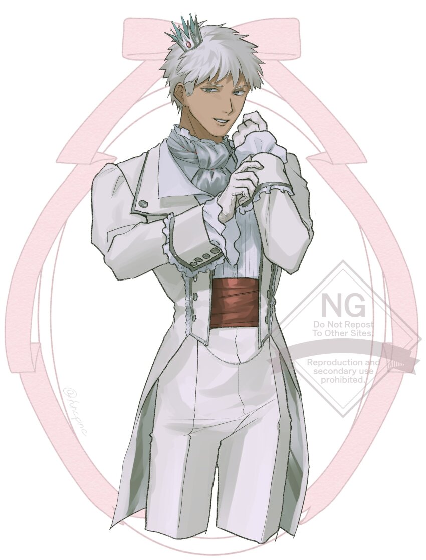 1boy, absurdres, archer_(fate), archer_(flower_parade)_(fate), commentary_request, crown, dark-skinned_male, dark_skin, fate/extra, fate_(series), formal_clothes, gloves, highres, hncpnc, male_focus, shirt, solo, suit, upper_body, watermark, white_gloves, white_shirt