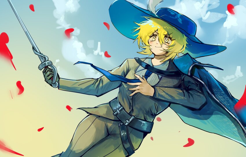 1girl, absurdres, belt, black_belt, black_gloves, black_jacket, black_pants, blonde_hair