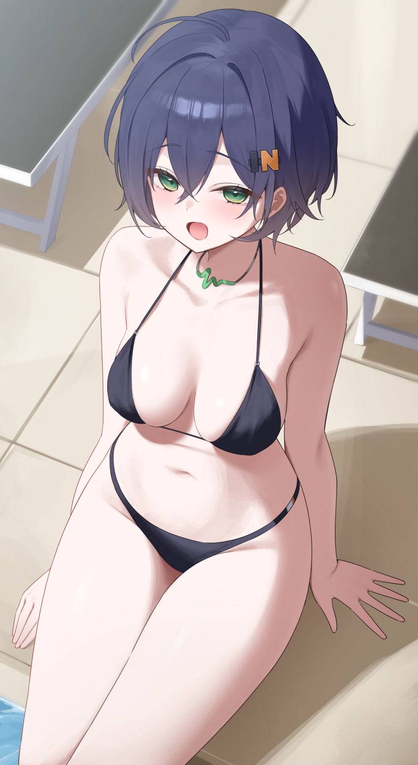 1girl, absurdres, bare_shoulders, belle_(zenless_zone_zero), bikini, black_bikini, blue_hair, breasts, commentary_request, green_eyes, hair_ornament, highres, jewelry, letter_hair_ornament, looking_at_viewer, medium_breasts, n4_h4m, navel, necklace, poolside, short_hair, solo, stomach, swimsuit, thighs, zenless_zone_zero