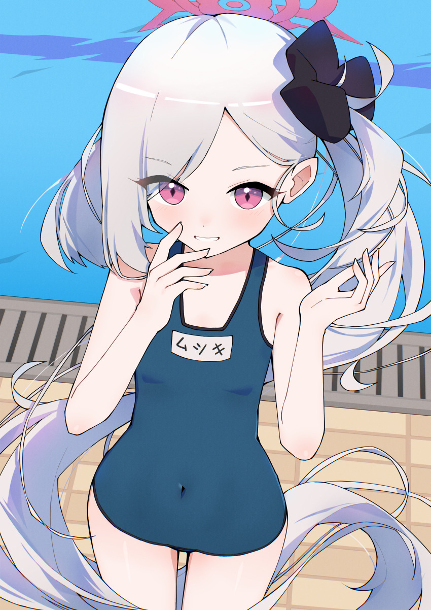 1girl, absurdres, anleewind, black_ribbon, blue_archive, cowboy_shot, flat_chest, grey_hair