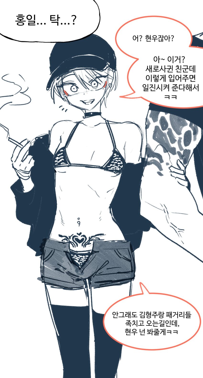 2boys, androgynous, arm_tattoo, baseball_cap, bishounen, black_thighhighs, breasts, choker