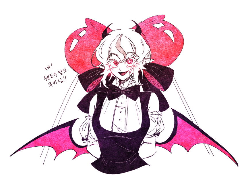 1girl, black_bow, black_bowtie, black_dress, bow, bowtie, candy_apple, candy_apple_cookie, candy_apple_hair_ornament, cookie_run, cookie_run:_kingdom, dress, food, highres, humanization, looking_at_viewer, open_mouth, pa_ng_hovkf9, puffy_sleeves, red_eyes, short_hair, simple_background, smile, white_hair