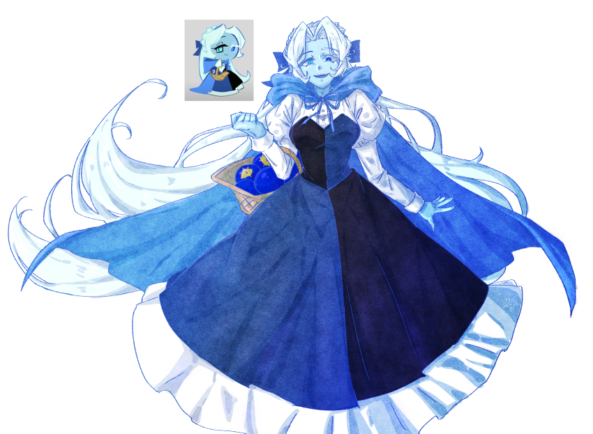 1boy, asymmetrical_eyelashes, blue_eyes, blue_skin, bow, colored_skin, cookie_run, cookie_run:_kingdom, crossdraw_holster, disguise, dress, highres, humanization, long_hair, long_sleeves, looking_at_viewer, pa_ng_hovkf9, shadow_milk_cookie, lady_in_azure, simple_background, smile, solo, white_hair