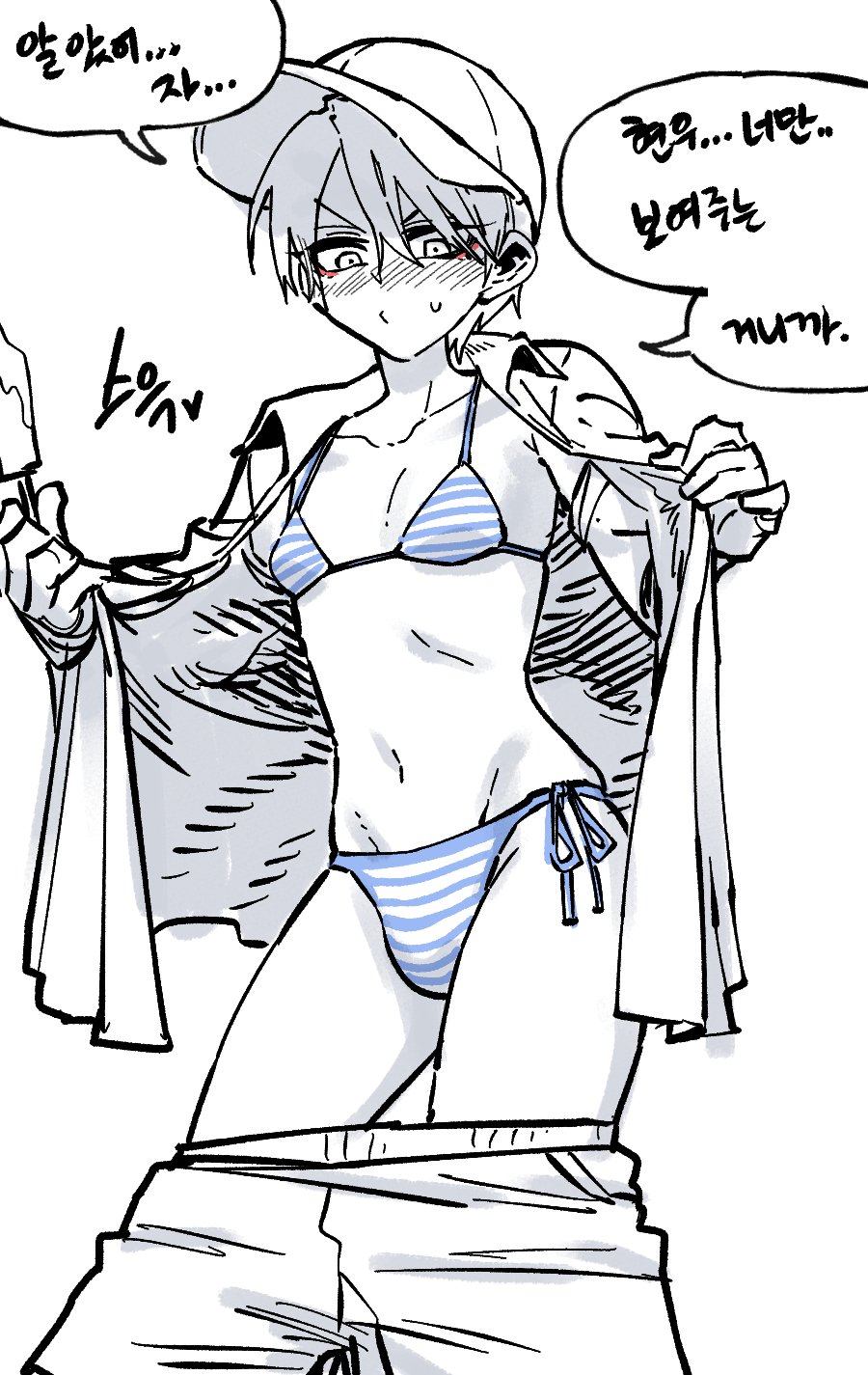1boy, androgynous, baseball_cap, bikini, bishounen, bulge, clothes_pull, crossdressing