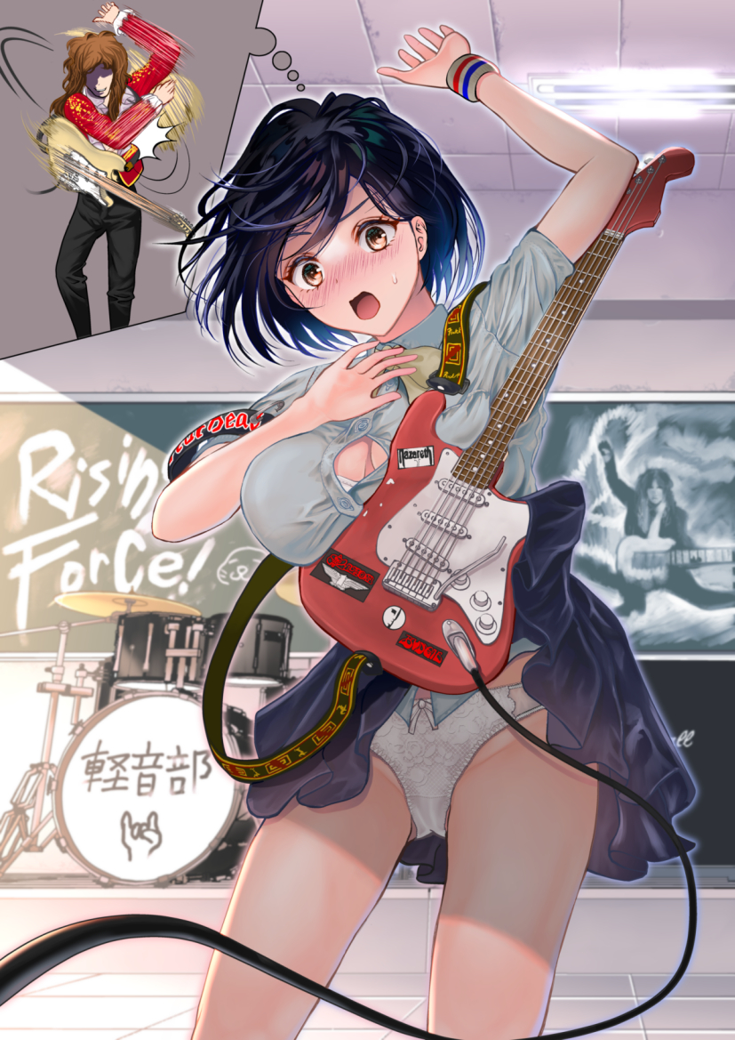 1girl, :o, arm_up, black_hair, black_skirt, blush, breasts, brown_eyes, chalkboard, classroom, cleavage_cutout, clothing_cutout, drum, drum_set, electric_guitar, embarrassed, failure, grey_shirt, guitar, indoors, instrument, original, panties, school_uniform, shirt, short_hair, short_sleeves, skirt, solo, standing, tanaka_mamoru_(arxelhea0110), underwear, white_panties, wristband