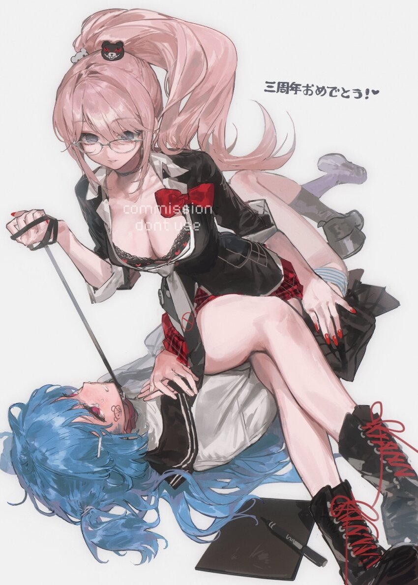 animal_collar, bare_legs, bear_hair_ornament, bespectacled, black_boots, black_bra, black_choker, black_jacket, black_necktie, black_sailor_collar, black_shoes, black_socks, blonde_hair, blue_hair, blue_panties, boots, bow, bowtie, bra, breasts, chinese_commentary, choker, cleavage, clenched_teeth, clothes_lift, collar, collared_shirt, commentary_request, commission, crossed_legs, crying, crying_with_eyes_open, danganronpa:_trigger_happy_havoc, danganronpa_(series), diurtion, enoshima_junko, facepaint, glasses, grey-framed_eyewear, grey_background, hair_ornament, hand_on_another's_hip, hands_on_own_chest, heart, heart_print, high_ponytail, highres, holding, holding_leash, jacket, knee_up, kneehighs, lace, lace-trimmed_bra, lace-up_boots, lace_trim, lapels, large_breasts, leash, long_hair, long_sleeves, looking_at_another, lying, marker, microskirt, monokuma, nail_polish, necktie, notched_lapels, oc_x_canon, on_back, original, own_hands_together, panties, pantyshot, paper, parted_bangs, parted_lips, plaid_clothes, plaid_skirt, pleated_skirt, ponytail, red_bow, red_bowtie, red_collar, red_eyes, red_nails, red_skirt, sailor_collar, school_uniform, serafuku, shirt, shoes, simple_background, sitting, sitting_on_person, skirt, skirt_lift, smile, socks, strangling, swept_bangs, teardrop, tears, teeth, translation_request, two-tone_necktie, two-tone_panties, two_side_up, underwear, uwabaki, very_long_hair, watermark, wavy_hair, white_necktie, white_panties, white_shirt, yuri