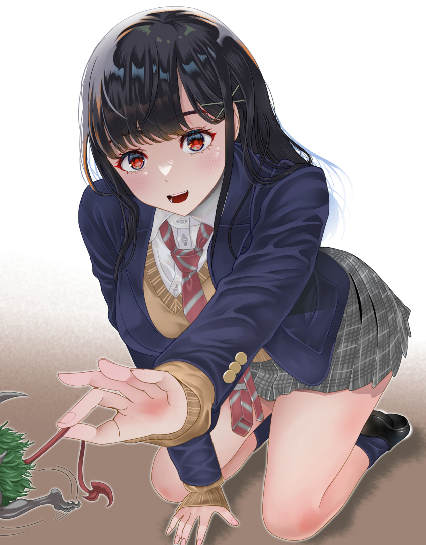 1girl, black_hair, black_shoes, brown_background, brown_sweater_vest, gradient_background, grey_skirt, hair_ornament