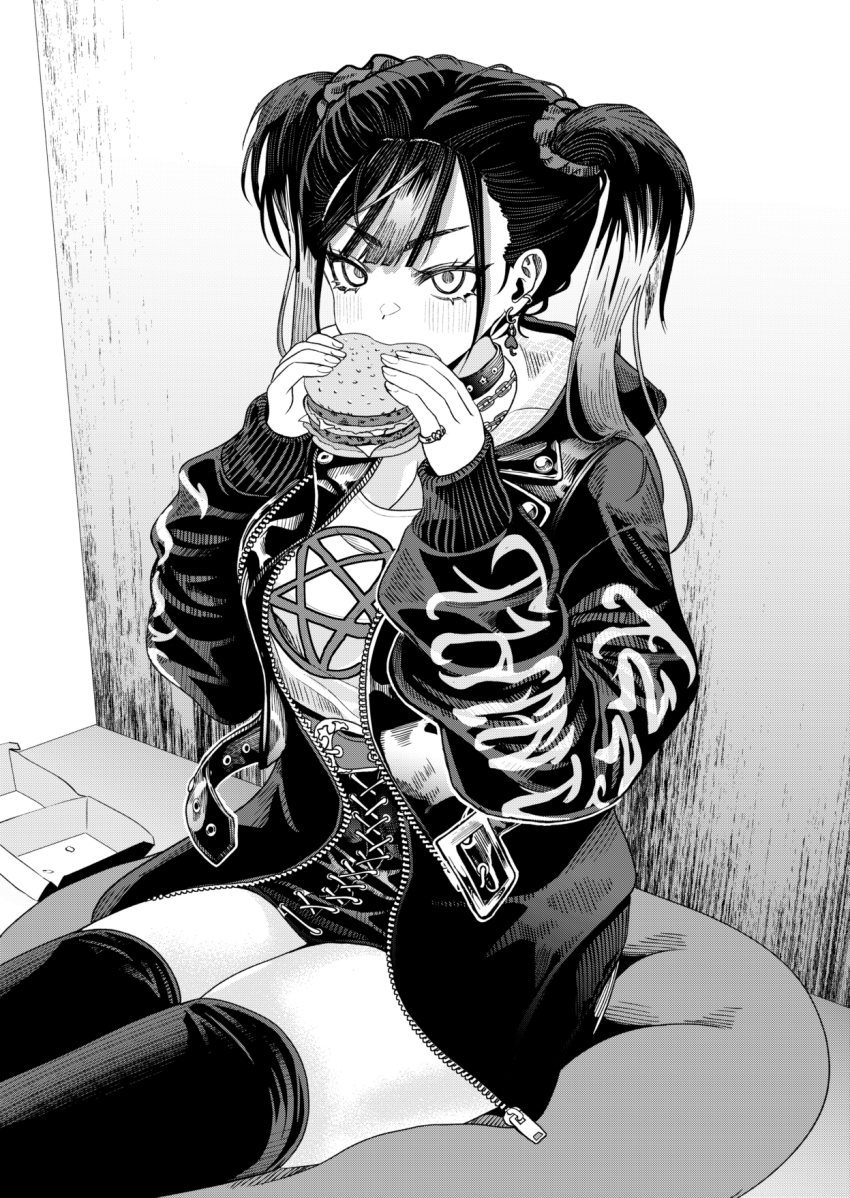 1girl, blush, breasts, burger, collar, cushion, earrings, eating