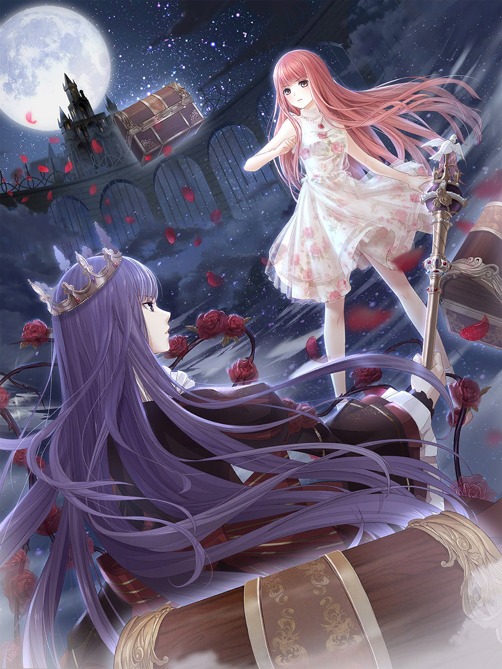 2girls, artist_request, back_bow, bare_legs, battle, black_dress, black_eyes, blunt_bangs