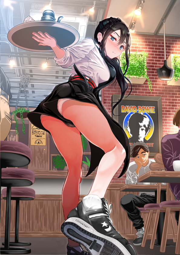 1girl, 2boys, apron, ass, blue_eyes, brick_wall, cafe, converse, david_bowie, indoors, multiple_boys, original, panties, plant, poster_(object), potted_plant, shirt, shoes, sitting, sneakers, socks, stool, tanaka_mamoru_(arxelhea0110), tray, underwear, upskirt, waitress, white_panties, white_shirt, white_socks